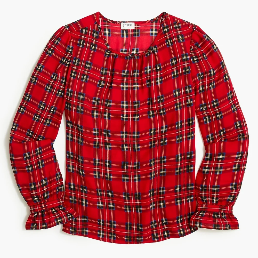New! J.Crew sz X-Small XS Petite Red Tartan Plaid Button-neck Top Blouse NWT